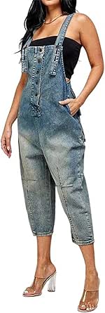 CHARTOU Women's Casual Loose Fit Jean Jumpsuit Overalls Crop Harem Denim Pants