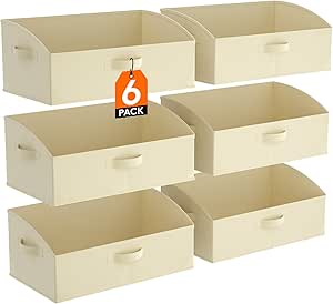 Lifewit Storage Baskets for Shelves, 6 Packs Non-woven Fabric Trapezoid Closet Organizer Bins with Handles, Foldable Clothing Containers Box for Clothes, Toy, Towel, Book, DVD, Hats, Large-Beige