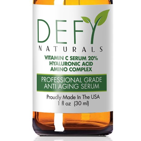 Vitamin C Serum by Defy Naturals - 20% Clinical Strength Potency - Organic Vitamin C / Hyaluronic Acid / Amino Complex - ANTI AGING Formula Lets You Defy Your Age Everyday! Eliminate Lines, Wrinkles, Aging Skin and Crows Feet. No Fillers or Additives. 100% Satisfaction Guarantee! (Original Organic, 1 Oz)