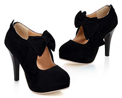 Sfnld Women's Sweet Bow Round Toe Low Cut Zip Platform Pumps High Heel Shoes