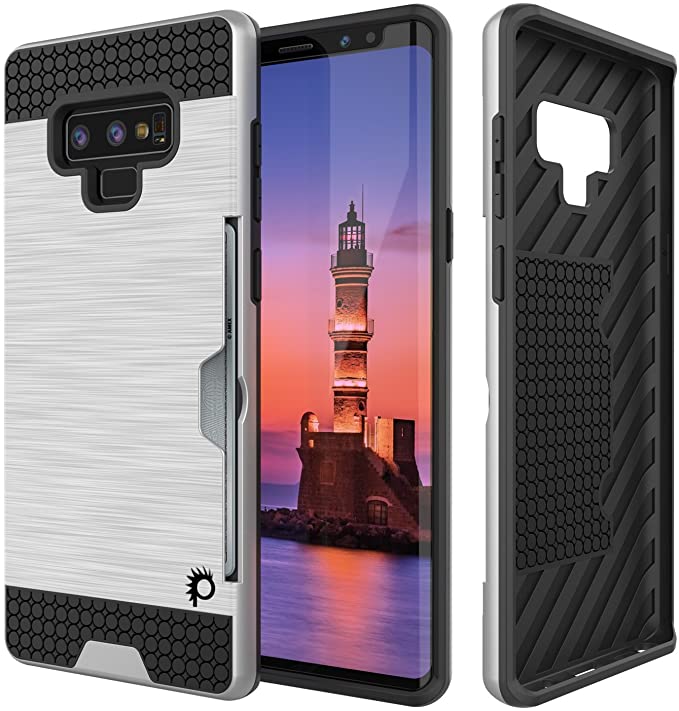 Galaxy Note 9 Case, PUNKcase [Slot Series] [Slim Fit] Dual-Layer Armor Cover w/Integrated Anti-Shock System, Credit Card Slot & PUNKSHIELD Screen Protector for Samsung Note 9 [Silver]