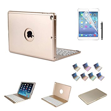 iPad Air Keyboard Case, DINGRICH 7 Color Backlit Keypad Ultra-Slim Aluminum Bluetooth Keyboard Case Cover Built-in Stand Free Screen Protector&Stylus for iPad air/iPad5(2013 Release Only)(Gold)