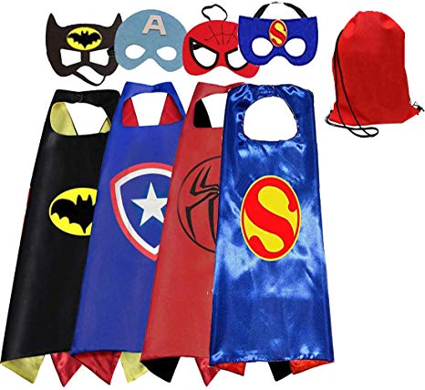 Toygoyou Kids Costumes 4pcs Superhero Capes with Masks and Red Bags for Boys Dress Up Party Favors