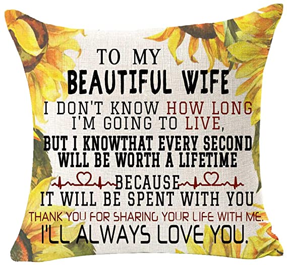 Queen's designer to My Beautiful Wife I Will Always Love You Sunflower Cotton Linen Decorative Throw Pillow Case Cushion Cover Square 18 X 18 Inches