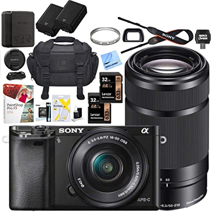 Sony Alpha a6000 Mirrorless Digital Camera with 16-50mm Lens Bundle with 55-210mm Zoom E-Mount Lens, 32GB Memory Card, Camera Bag, Paintshop Pro 2018, 40.5mm Filter and Camera Battery