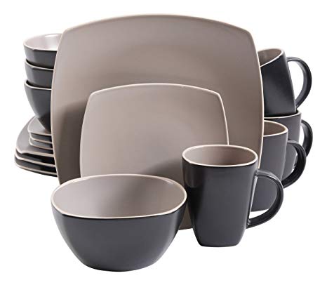 Gibson Overseas, Inc. Gibson Home 102264.16RM Soho Lounge Square 16-Piece Dinnerware Set Service of 4, Stoneware, Taupe Matte Dinnware