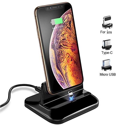 Magnetic Dock Charging Station with 3 pcs Removable Connector, Desktop Charger Docking Stand Base for iOS Xs max X 8 7 6 6s Plus and for Android Phone Type C/Micro USB Devices (Black Base)