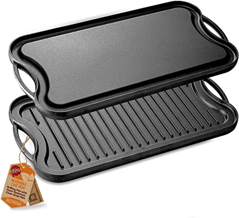 NutriChef PFOA & PFOS Free Oven Safe Flat Skillet Griddle Pan Cast Iron Reversible Grill Plate, w/Scraper for Electric Stovetop, Ceramic, Induction NCCIRG64