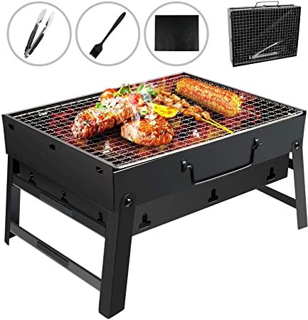 Barbecue Grill Portable BBQ Charcoal Grill With Stainless Steel BBQ Wire Mesh Foldable Table Coal Garden Travel Camping Folding Grill (3-5 People,Black)