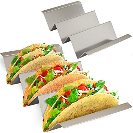NEW: Taco Holder Stand with Easy Carry Handles - 2 Pack - Stainless Steel Metal Racks for Taco Shell, Tortilla, Burrito, Fajita And More. Oven And Grill Safe Holders