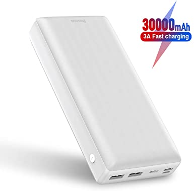 Baseus Power Bank 30000mah, 3A Fast Charging Portable Charger with 3 Speed Recharging, 3 Output Port Portable Charger for iPhone 11 Pro Max, iPad, Mac, Samsung Galaxy, USB-C Laptops and More (White)