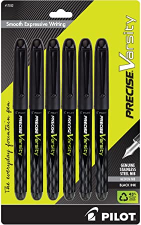 PILOT Precise Varsity Everyday Fountain Pens, Medium Point Stainless Steel Nib, Black Ink, 6-Pack (17052)