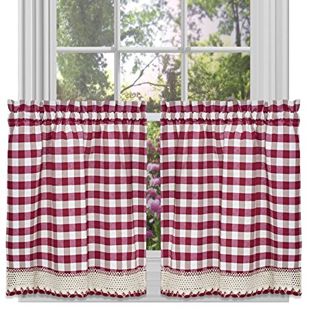 Buffalo Check Plaid Gingham Custom Fit Window Curtain Treatments By GoodGram - Assorted Colors, Styles & Sizes (24 in. Tier Pair, Burgundy)
