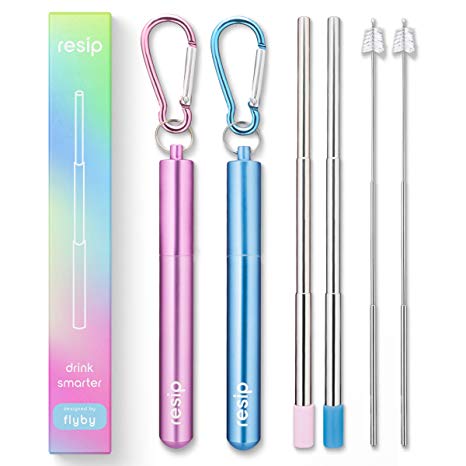 Flyby Portable Reusable Drinking Straws | Collapsible & Foldable Telescopic Stainless Steel Metal Straw Dispenser | Final Aluminum Case, Long Cleaning Brush, Silicone Tip | Light Blue & Pink | 2-Pack