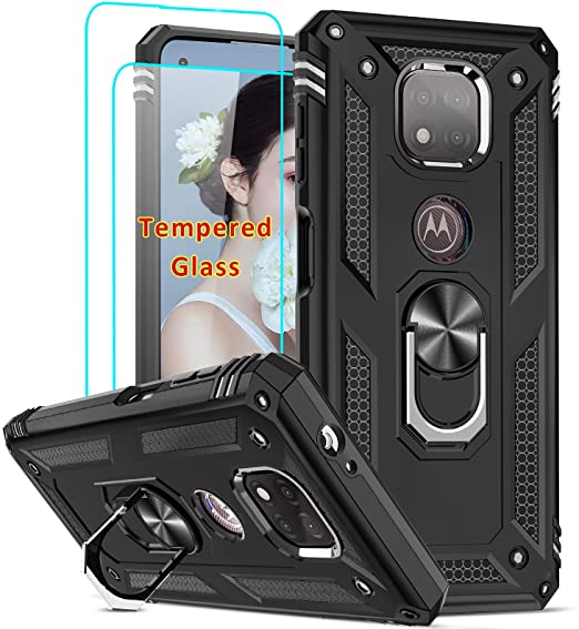 Motorola Moto G Power 2021 Case (Not Fit 2020) with [2 Pack] Tempered Glass Screen Protector, LeYi [Military-Grade] Shockproof Protective Phone Cover with Ring Kickstand for Moto G Power 2021, Black