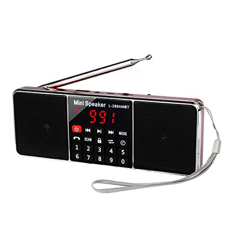 TIVDIO L-288 Portable AM FM Stereo Radio with Wireless Speaker MP3 Player AUX Input Support TF Card USB Disk Sleep Timer (Red)