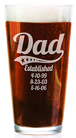 Personalized Daddy Pub Glass with Kids Birthdates 16 Oz Fathers Day Beer Mug for Grandpa, Dad, Papa, American Dad, Hero, Birthday Christmas Gift