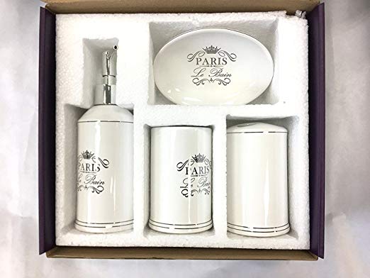 WPM 4 Piece Bathroom Accessory Set. White Classic French Provincial Bath Gift Set includes liquid soap/lotion dispenser, toothbrush holder, tumbler, and soap dish.