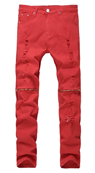 Qazel Vorrlon Men's Ripped Skinny Distressed Destroyed Straight Fit Zipper Jeans With Holes