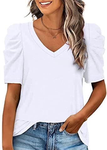 HOLIIBN Womens Summer T Shirt V Neck Casual Puff Sleeve Tops for Women Solid Color Short Sleeve Tshirt Blouses