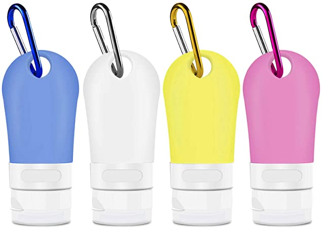 4 Pcs Refillable Travel Bottle with Clip, Opret 60ml Empty Silicone Containers with Hook Carabiner Leak-Proof BPA Free Travel Bottles for Gel, Soap and Shampoo