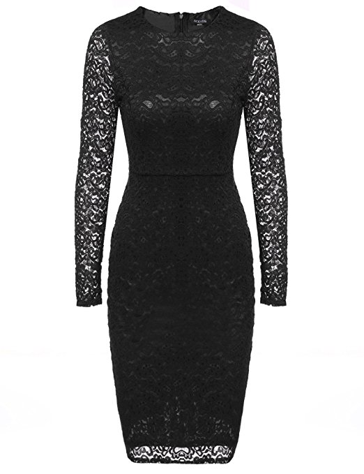 ACEVOG Women Elegant Floral Lace Long Sleeve Bodycon Cocktail Pencil Dress