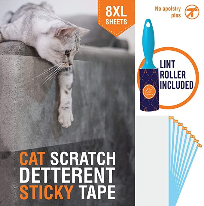 KatSupreme Cat Scratch Deterrent Tape - Furniture Protector, Clear Double Sided Anti Cat Scratch Training Tapes, Couch Protector, Residue Free - 8XL Sheets of 12x17 inches (Pre Cut)