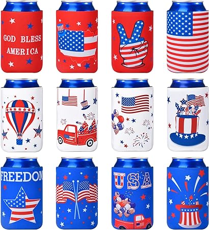 4th of July Decorations, 12 PCS Can Cooler Sleeves for Independence Day Accessories, Patriotic Party Favors, Collapsible Insulation Cover for Memorial Day Fourth of July Decorations Outdoor Indoor