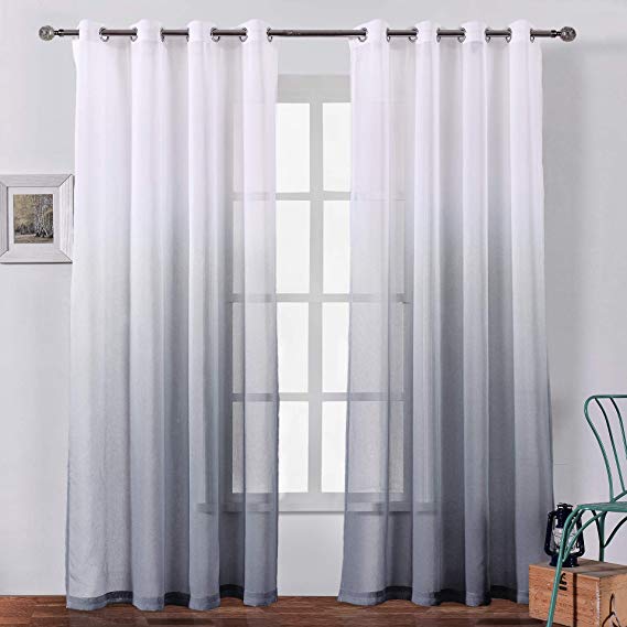 Bermino Faux Linen Sheer Curtains Voile Grommet Ombre Semi Sheer Curtains for Bedroom Living Room Set of 2 Curtain Panels 54 x 84 inch Grey Gradient