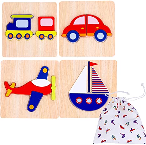 Toddler Wooden Jigsaw Puzzles Chunky – (Pack of 4) Educational Toys for Preschool Kids Ages 1 2 3 Year Old Boys or Girls Gift with Matching Canvas Bag - Transportation Vehicle Set Learn Colors Shapes