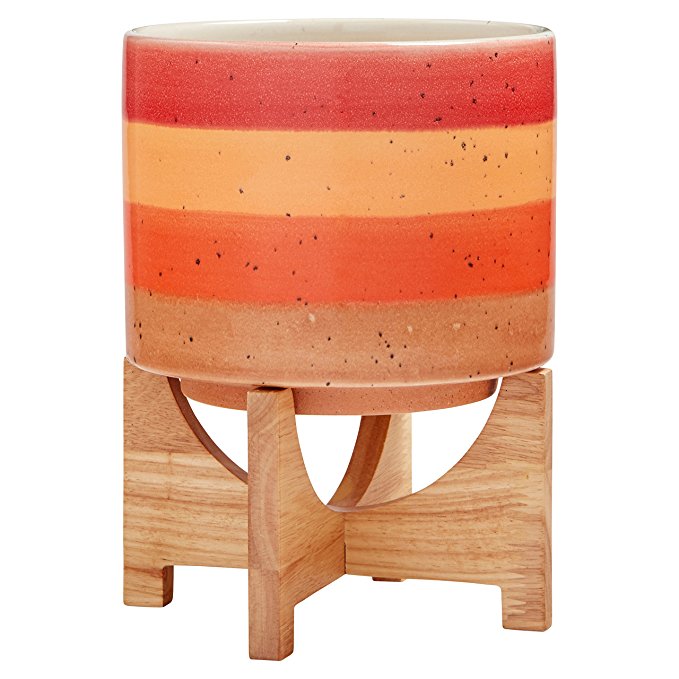 Rivet Modern Ceramic and Bamboo Planter, 10.25"H, Red and Orange