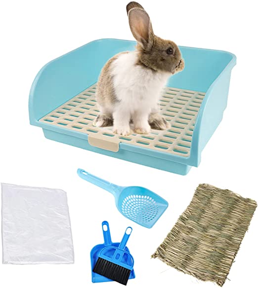 kathson Large Rabbit Litter Box, Pets Toilet Potty Trainer Tray Corner Small Animals Litter Bedding Box Bigger Pet Pan with Grass Mats for Adult Guinea Pig/Chinchilla/Ferret/Rabbit