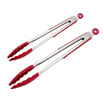 Silicone Tongs,Premium quality Silicone Stainless Steel Tongs Silicone Cooking Utensils 2 Pack (9inch & 12inch in Graphite red)
