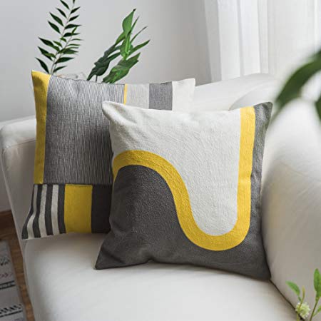 Lananas Modern Decorative Throw Pillow Covers for Couch Geometric Home Pillow Cushion Cover for Sofa 18" x 18" (45cm) 2 Pack (Grey-Yellow)