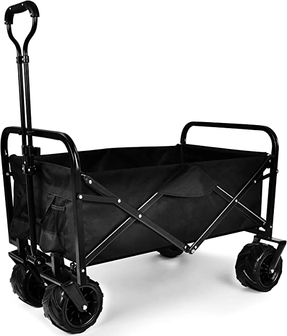 YSSOA Collapsible Beach Cart, Heavy Duty Garden Wagon Cart, 7'' Widened All-Terrain Wheels Prevent to Sinking in The Sand, Adjustable Handles and Double Fabric for Park, Beach, Camping