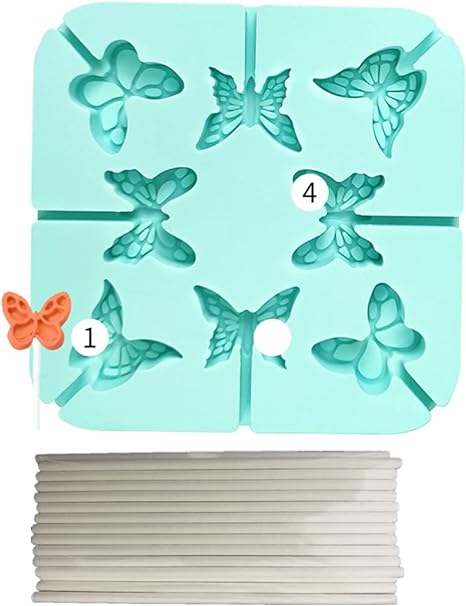 3D Butterfly Cartoon Lollipop Silicone Molds & 25pcs Paper Sticks (4inch), for Kid Party, Treat Bags, Non-Stick Chocolate, Candy, Gelatin Fudge, Ice Cube Tray，Wedding,Party and DIY Crafts ; D20HD