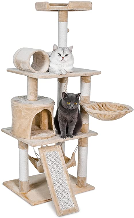 S.Y. 57” Cat Tree Tower for Indoor Cats Stand House Furniture, Multi-Fun Kittens Activity Cat Condo with Hammock Cat Scratcher Plush Perch for Play Rest Beige