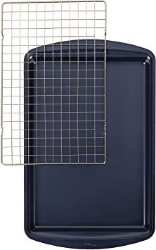 Wilton Non-Stick Diamond-Infused Large Navy Blue Cookie Sheet with Gold Cooling Grid Set