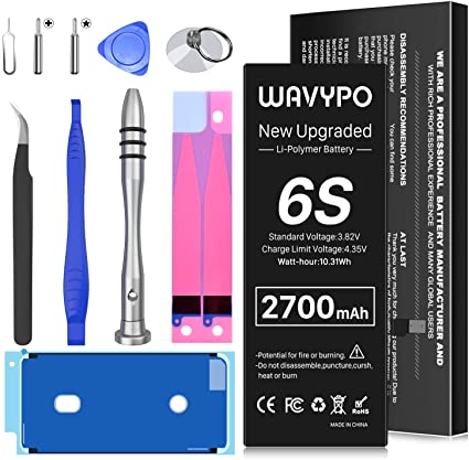 2700mAh Battery for iPhone 6S, Upgraded Wavypo High Capacity New 0 Cycle Battery Replacement for iPhone 6S Model A1633 A1688 A1700 with Replacement Tool Kit Instruction Adhesive