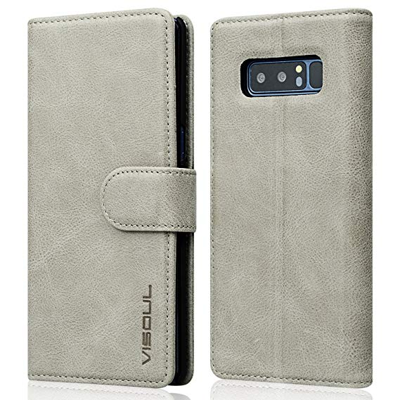 Galaxy Note 8 Wallet Case, Visoul Genuine Leather Luxury Business Folio Book Wallet Case with Kickstand Function, Card Slots & Cash Holder, 【Magnetic Flap】 Case for Samsung Galaxy Note 8 - Grey