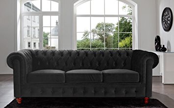 Divano Roma Furniture Velvet Scroll Arm Tufted Button Chesterfield Style Sofa, Black