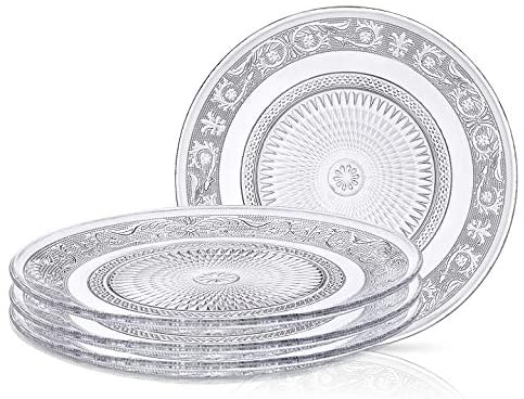 Klikel Glass Plate Clear For Salad - Set of 4 - Fleuri Etched Pattern - 7 Inch
