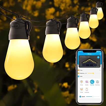 Govee 48ft Outdoor String Lights with Bluetooth App Control, Waterproof Shatterproof Patio Lights with 15 Dimmable Warm Yellow LED Bulbs, Decorative Outdoor Lights for Patio, Garden, Backyard, Party