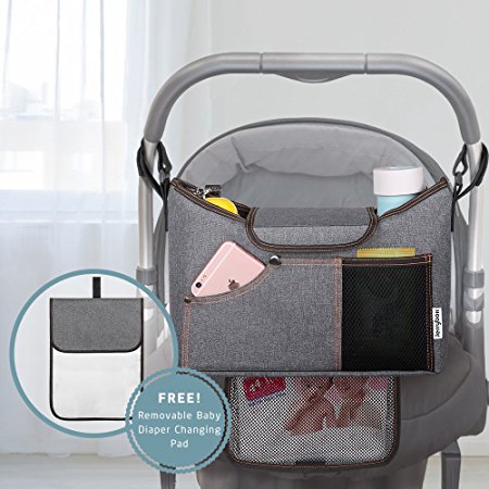 Jerrybox Stroller Organizer Bag with Long Mesh Bag and Removable Diaper Changing Mat, Multifunctional Buggy Organizer