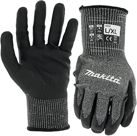 Makita Unisex FitknitÂ T 04145 Advanced FitKnit Cut Level 7 Nitrile Coated Dipped Gloves Large X Large , Gray/Black, Large X-Large US