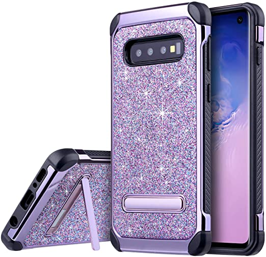 UARMOR Galaxy S10 Plus Case, Samsung Galaxy S10 Plus Case, S10  Glitter Bling Rugged Shockproof Stand Sparkly Shiny PU Leather Hybrid Hard Phone Case Cover for Samsung Galaxy S10 Plus 6.4 Inch, Purple