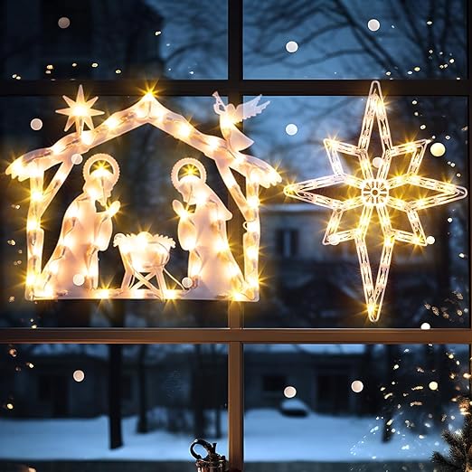 Marchpower Christmas Window Silhouette Lights 2 Pack, Lighted Nativity and Bethlehem Star for Window Decorations, Nativity Window Lights for Christmas, Holiday, Home, Indoor, Patio, Wall, Door Decor