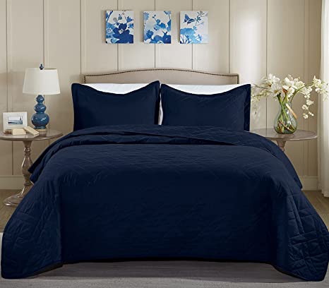 CozyLux Summer 3 Pieces Navy Blue Quilt Sets King Size - Lightweight Soft Bedspread - Classic Squares Pattern Coverlet Bedding Set for All Season - 1 Quilt and 2 Pillow Shams (106"x96", Navy)