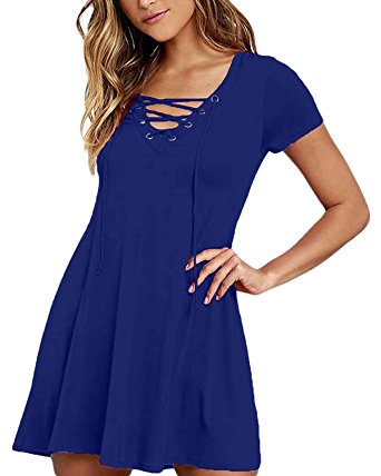 ZANZEA Women's V Neck Lace Up Solid Short Sleeve A-Line Swing Mini Dress Casual