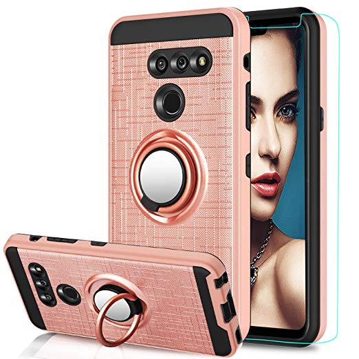 LG G8 ThinQ Case, LG G8 Case with HD Screen Protector, AnoKe Shock Absorption 360 Degree Rotating Ring Holder Kickstand Scratch Resistant Drop Protective Cover for LG G8 2019 ZS Rose Gold